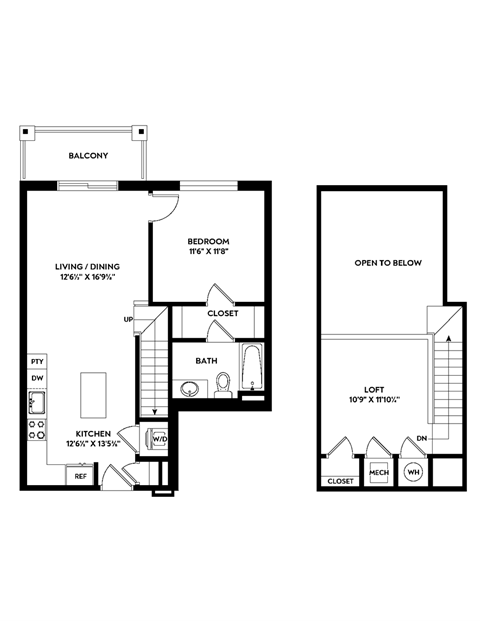 Floor plan for 1 bed, 1 bath, 892 sqft